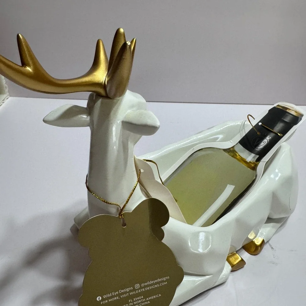 Wild Eye Designs White Gold Reindeer Wine Bottle Holder Geometric Ceramic Deer